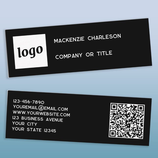 Simple Logo and QR Code Black Mini Business Card (Logo QR code and text custom black mini business card)