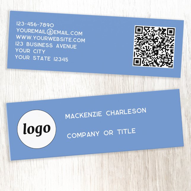 Simple Logo and QR Code Blue Mini Business Card (Logo with QR code and custom text blue mini business cards)