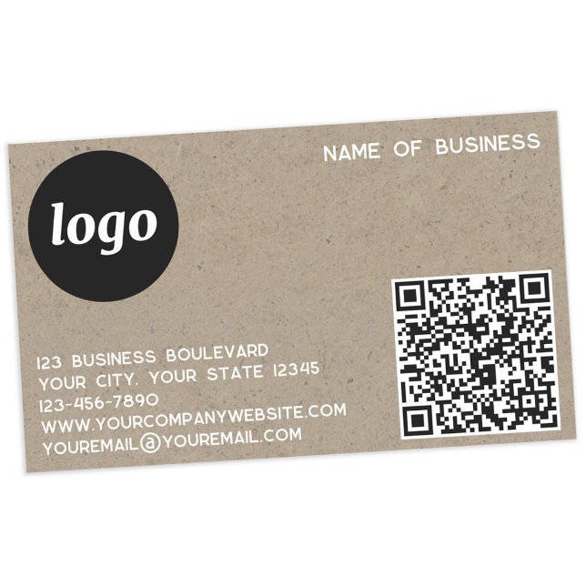 Simple Logo and QR Code Brown Paper Rectangular Sticker (Logo QR code with custom text business promotional sticker with brown paper effect)