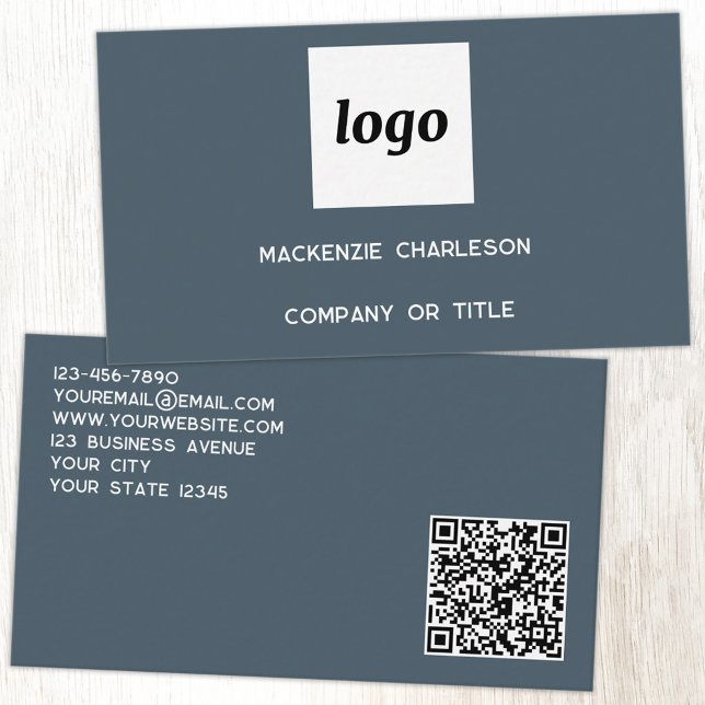 Simple Logo and QR Code Charcoal Gray Business Card (Simple logo with custom text business branding promotional charcoal gray business card)