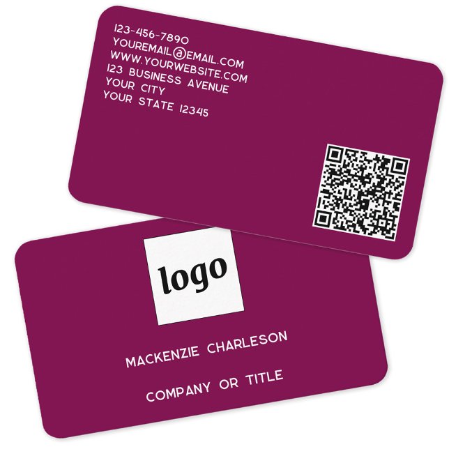 Simple Logo and QR Code Magenta Pink Business Card (Simple logo QR code custom text professional branding promotional business card dark magenta pink)