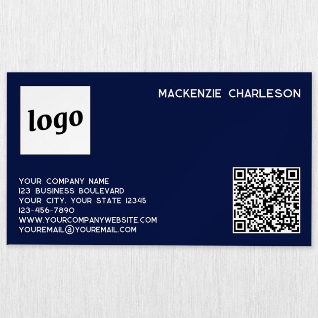 Simple Logo and QR Code Navy Blue Magnetic Business Card (Simple logo with custom text and QR code professional navy blue magnetic business card)