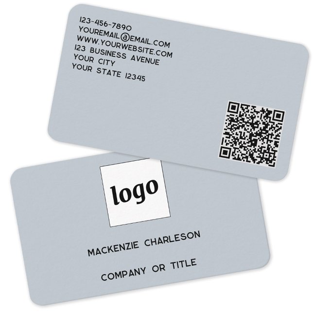 Simple Logo and QR Code Powder Blue Business Card (Minimalist logo with QR code and custom text dusty powder blue business card)