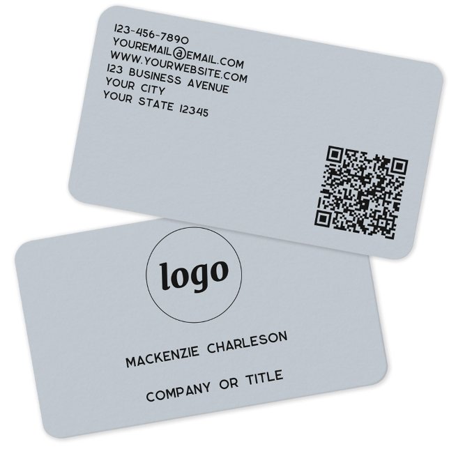 Simple Logo and QR Code Powder Blue Business Card (Simple logo with QR code and custom text dusty powder blue business card)