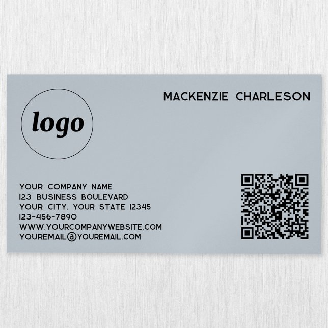 Simple Logo and QR Code Powder Blue Magnetic Business Card (Modern simple logo with QR code and custom text professional powder blue magnetic business card)