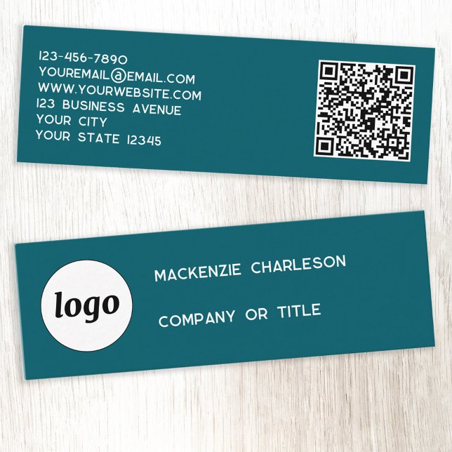 Simple Logo and QR Code Teal Green Mini Business Card (Simple logo QR code custom text professional branding mini business card teal green)