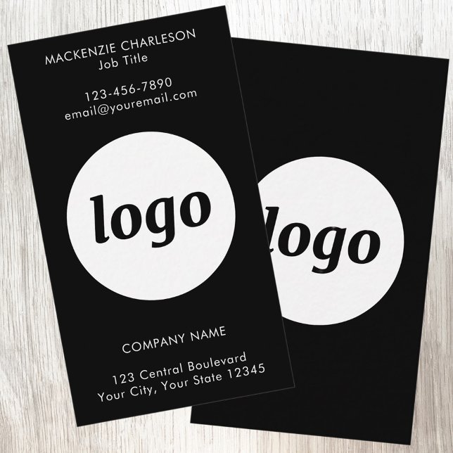 Simple Logo and Text Black Vertical Business Card (Simple logo with custom text business branding promotional vertical black business cards)