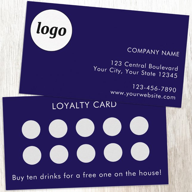 Simple Logo and Text Blue Customer Loyalty Card (Simple logo with custom text business branding promotional customer loyalty card in dark blue)