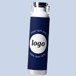 Simple Logo and Text Business Navy Blue Water Bottle<br><div class="desc">Simple logo and custom text design to foster brand loyalty and promote your small business.  Replace the logo with your own,  and change or delete the top and lower text to customise.  Perfect for promotional purposes and to give to employees,  customers and clients.</div>