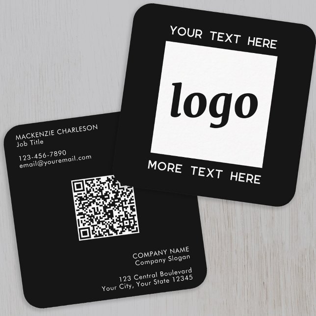 Simple Logo and Text QR Code Black Square Business Card (Logo with QR code custom text black square business card)