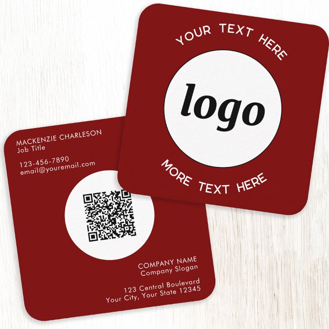 Simple Logo and Text QR Code Burgundy Red Square Business Card (Simple round logo QR code custom text professional branding business card dark burgundy red)