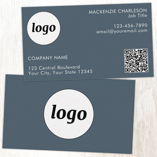 Simple Logo and Text QR Code Charcoal Gray Business Card (Simple logo with QR code custom text business branding promotional charcoal gray business card)