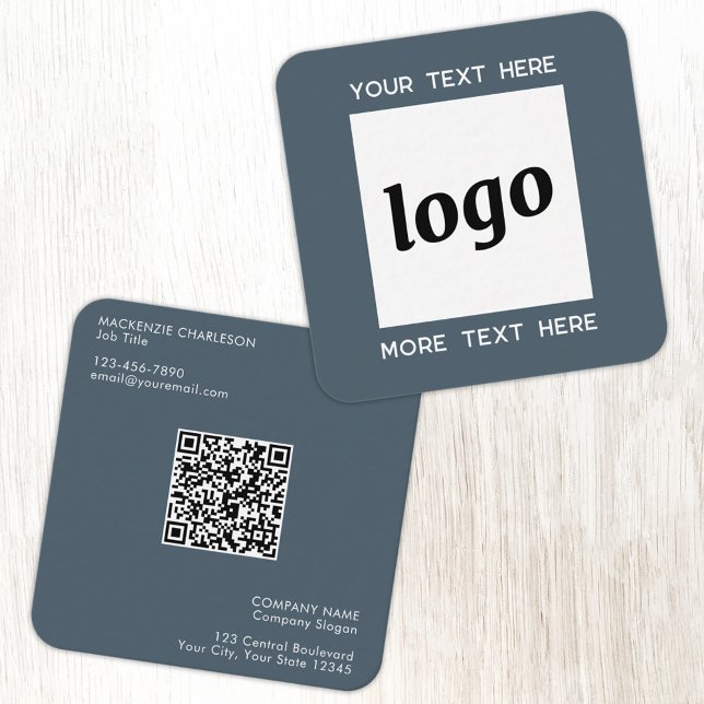Simple Logo and Text QR Code Charcoal Gray Square Business Card (Simple logo with QR code custom text business branding promotional charcoal gray business card)
