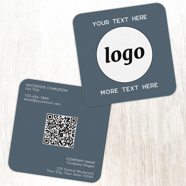 Simple Logo and Text QR Code Charcoal Gray Square Business Card (Simple logo with QR code custom text business branding promotional charcoal gray business card)