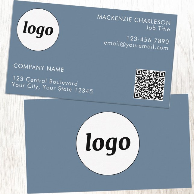 Simple Logo and Text QR Code Dusty Blue Grey Business Card (Logo with QR code custom text blue gray professional business card)
