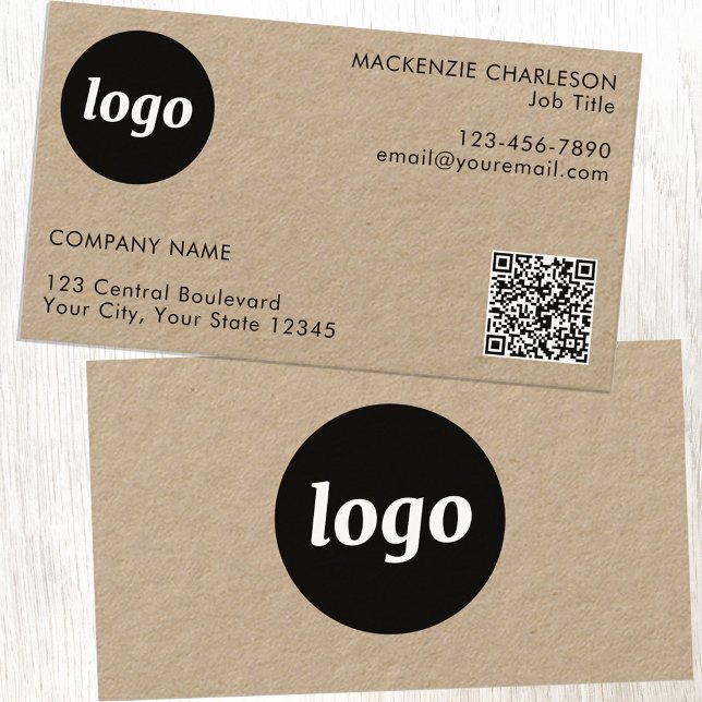Simple Logo and Text QR Code Kraft Business Card (Logo with QR code custom text Kraft business cards)
