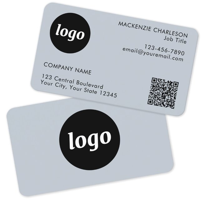 Simple Logo and Text QR Code Powder Blue Business Card (Logo with QR code and custom text powder blue business card)
