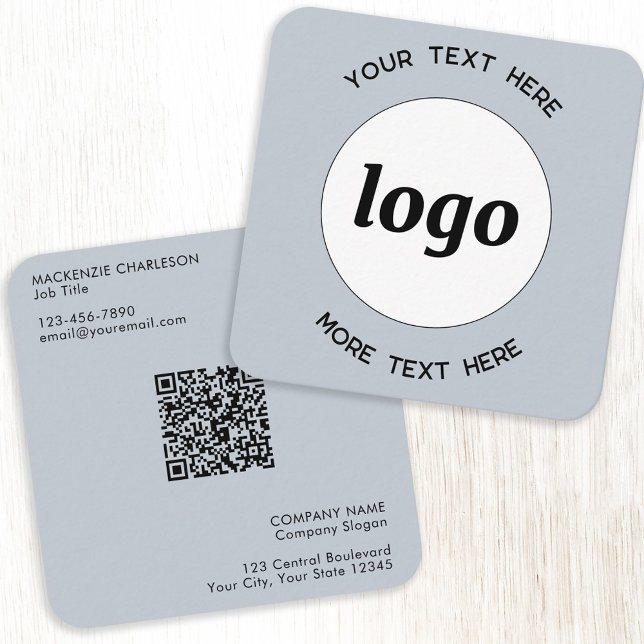 Simple Logo and Text QR Code Powder Blue Square Business Card (Logo and QR code custom text professional business card)