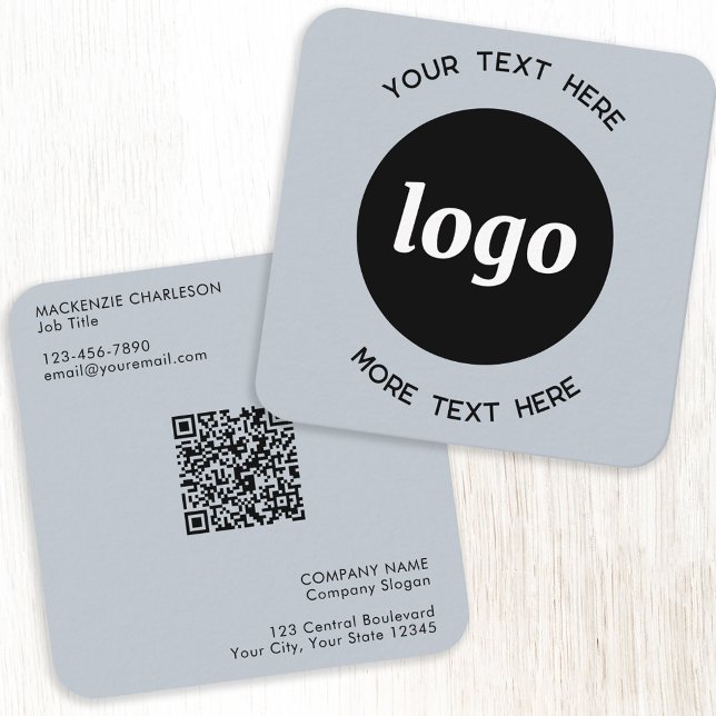 Simple Logo and Text QR Code Powder Blue Square Business Card (Logo with QR code and custom text dusty powder blue business card)