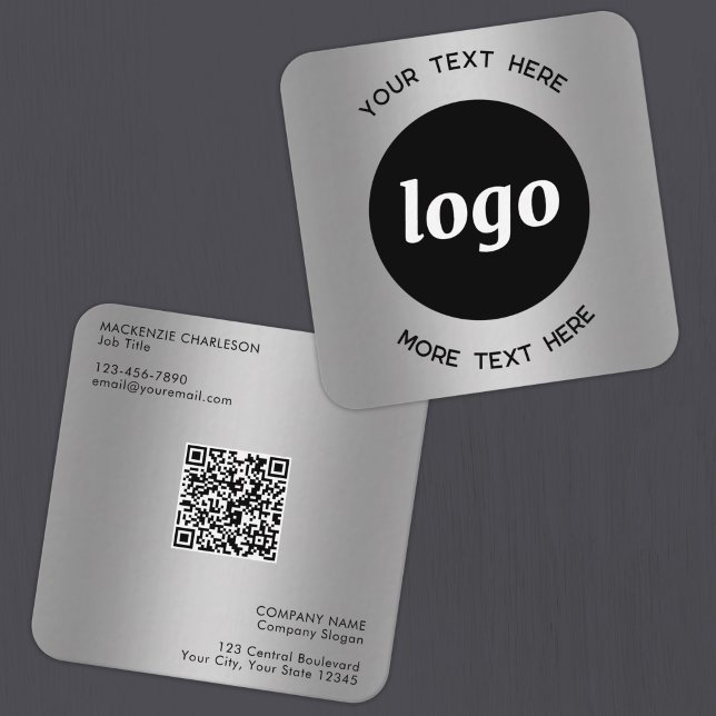 Simple Logo and Text QR Code Silver Square Business Card (Simple logocustom text QR code business branding promotional silver effect business cards)