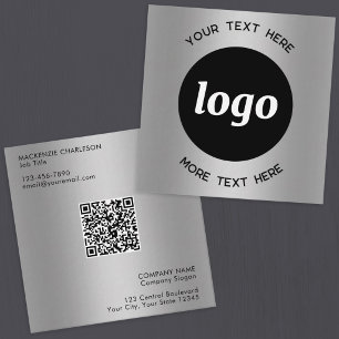 Simple Logo and Text QR Code Silver Square Business Card