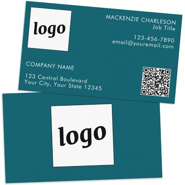Simple Logo and Text QR Code Teal Green Business Card (Simple logo custom text professional branding business card teal green)