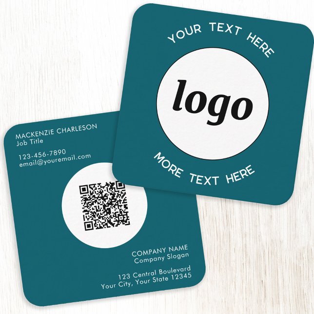 Simple Logo and Text QR Code Teal Green Square Business Card (Simple round logo QR code custom text professional branding business card teal green)