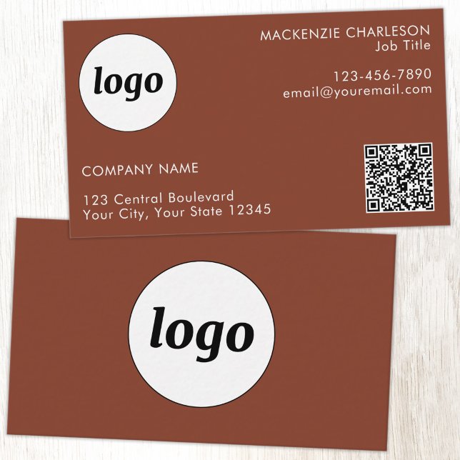 Simple Logo and Text QR Code Terracotta Business Card (Simple logo with custom text business branding promotional QR code terracotta business card)