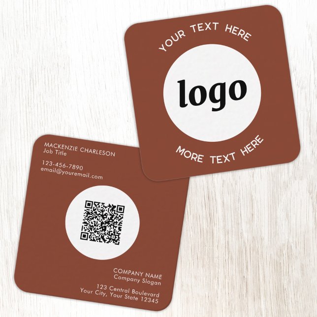 Simple Logo and Text QR Code Terracotta Square Business Card (Simple logo with custom text QR code business branding promotional terracotta square business card)