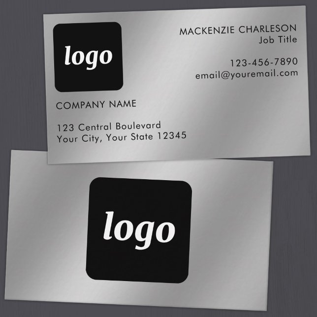 Simple Logo and Text Silver Effect Business Card (Simple logo with custom text business branding promotional silver metallic finish business cards)