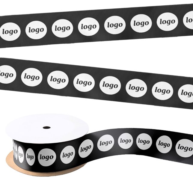 Simple Logo Business Packaging Black Satin Ribbon (Simple logo pattern business branding promotional satin ribbon in black and white)