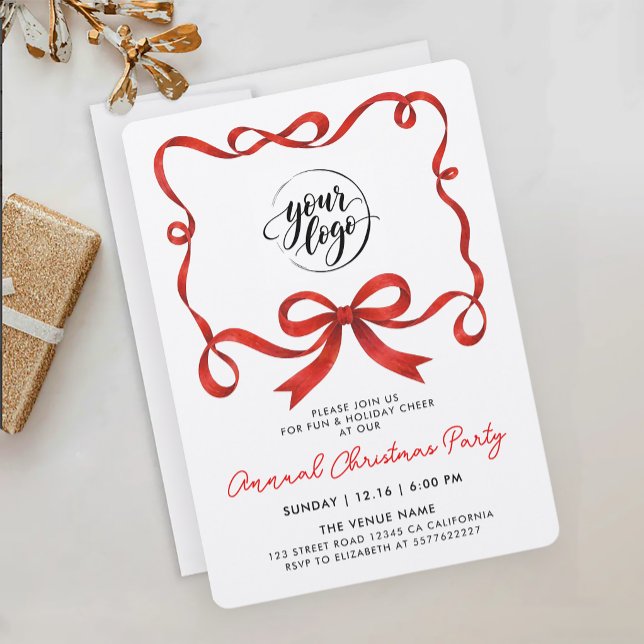 Simple Logo Christmas Red Ribbon Bow Calligraphy Invitation (Creator Uploaded)
