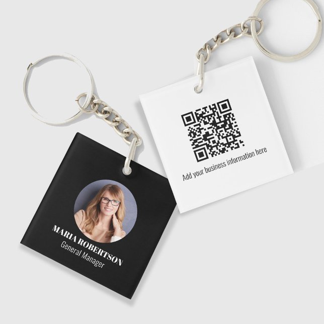 Simple Logo Minimalist QR Code  Key Ring (Black and white photo or logo keychain with a scannable QR Code. )