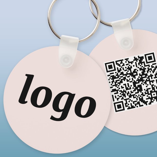 Simple Logo QR Code Business Blush Pink Key Ring (Blush pink custom logo and QR code business branding promotional keychain)