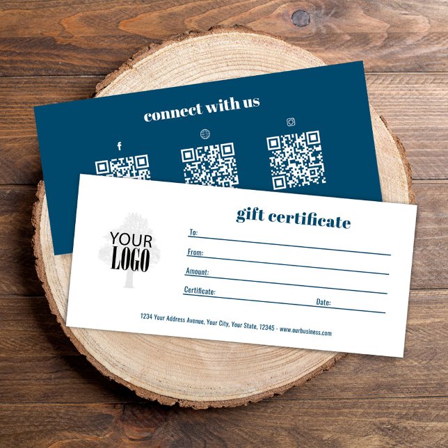 Simple Logo QR Code Gift Certificate Blue (A blue add your logo gift certificate. )