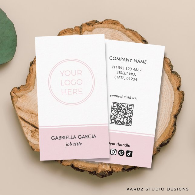Simple Logo QR Code Social Media Pink Business Card (Front and back of business card shown in 3.5 x 2 in. Choose size, paper and corner style.)