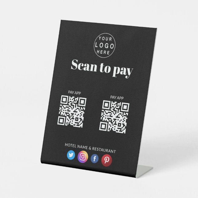 Simple Logo Scan to Pay Apps 2 QR Codes Black Pedestal Sign (Front)