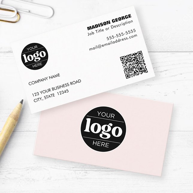 Simple Logo Text and QR code Pink Business Card (Creator Uploaded)