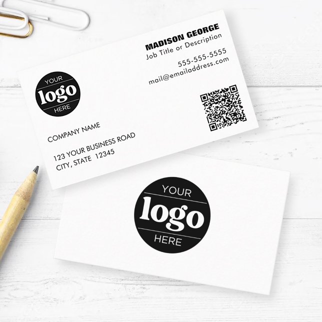 Simple Logo Text and QR code White Business Card (Creator Uploaded)