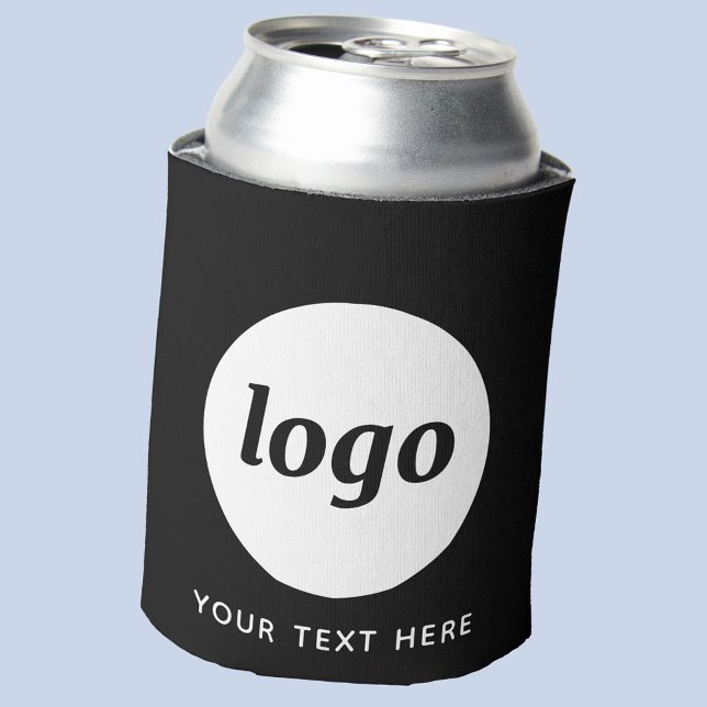 Simple Logo Text Business Promotional Black Can Cooler (Simple logo with custom text business branding promotional can cooler in black and white)