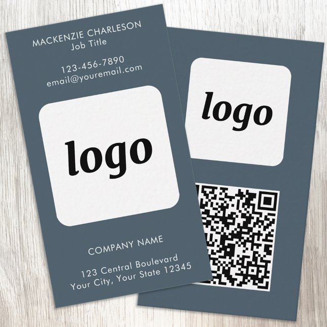 Simple Logo Text QR Code Vertical Charcoal Gray Business Card (Simple logo with QR code custom text business branding promotional charcoal gray business card)