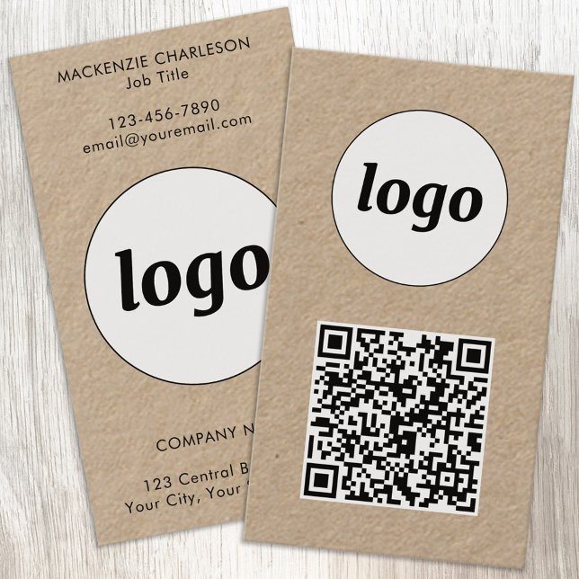 Simple Logo Text QR Code Vertical Format Business Card (Simple logo with custom text and QR code business branding promotional Kraft business cards)