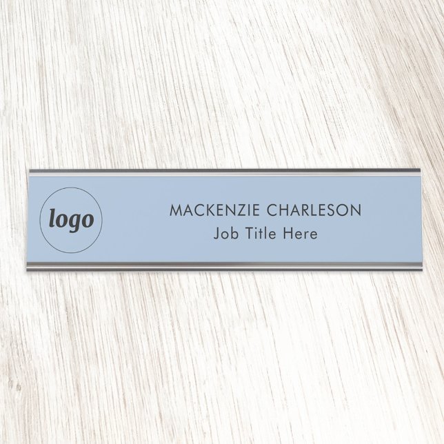 Simple Logo with Custom Text Business Powder Blue Desk Name Plate (Logo with text simple business branding professional name plate)