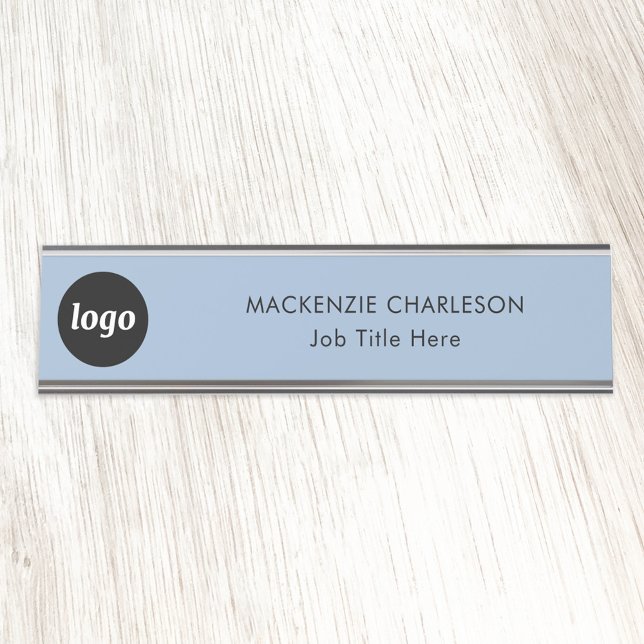 Simple Logo with Custom Text Business Powder Blue Desk Name Plate (Logo with text simple business branding professional name plate)