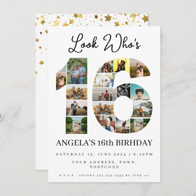 simple look who's 16 Photo Collage teen birthday Invitation (Front/Back)