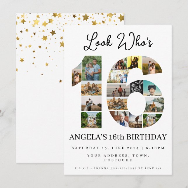 simple look who's 16 Photo Collage teen birthday Invitation (Front/Back)