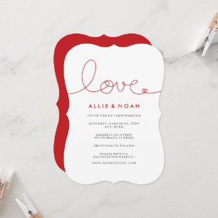 Simple Loopy Love Red Heart Minimalist Wedding Invitation