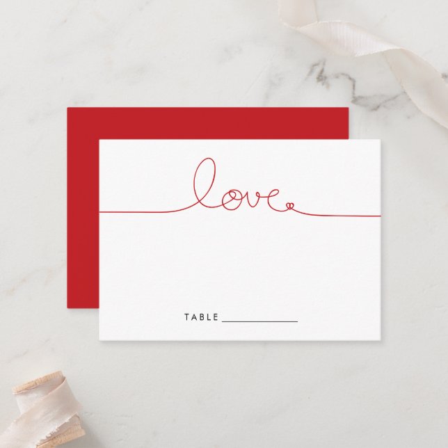 Simple Loopy Love Red Heart Minimalist Wedding Place Card (Front/Back In Situ)