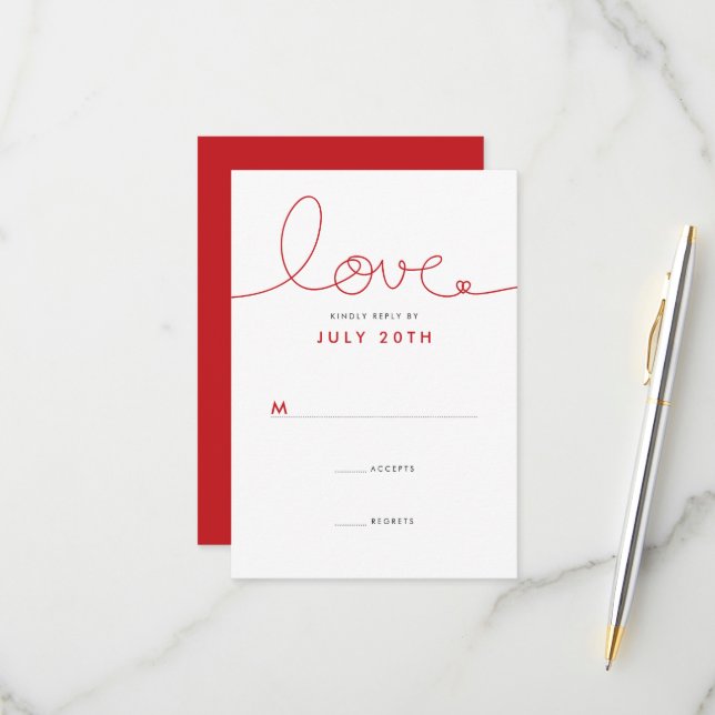 Simple Loopy Love Red Heart Minimalist Wedding RSVP Card (Front/Back In Situ)