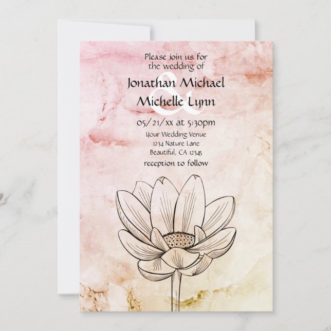 Simple Lotus Flower | Pink Gold Marble Bkg Wedding Invitation (Front)